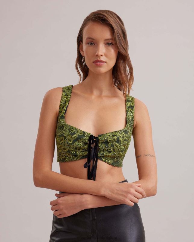 Anne Fontaine vrouwen passion top geborduurde corset top met pailletten en fluwelen lint kleding zwart groen 06TRT284