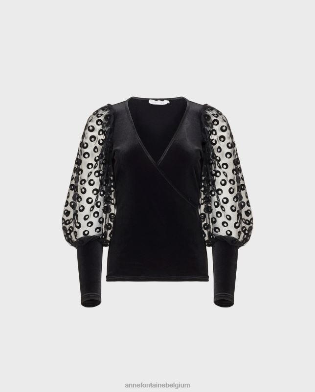 Anne Fontaine vrouwen royale top van fluwelen wikkeltop met doorzichtige volumineuze mouwen geborduurd met fluwelen cirkels kleding zwart 06TRT286