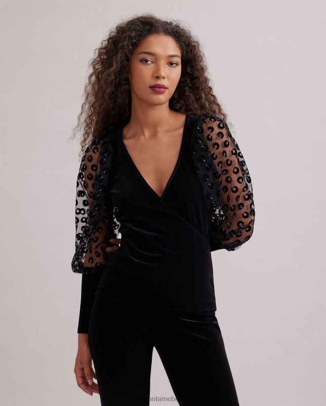 Anne Fontaine vrouwen royale top van fluwelen wikkeltop met doorzichtige volumineuze mouwen geborduurd met fluwelen cirkels kleding zwart 06TRT286