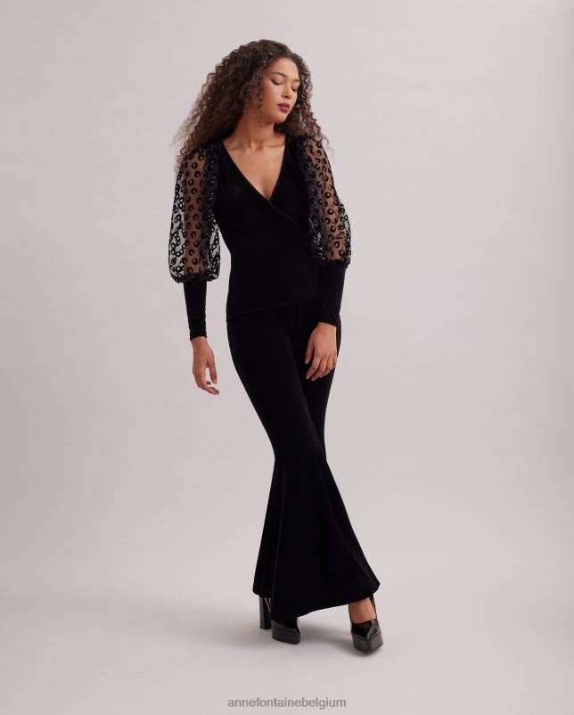 Anne Fontaine vrouwen royale top van fluwelen wikkeltop met doorzichtige volumineuze mouwen geborduurd met fluwelen cirkels kleding zwart 06TRT286