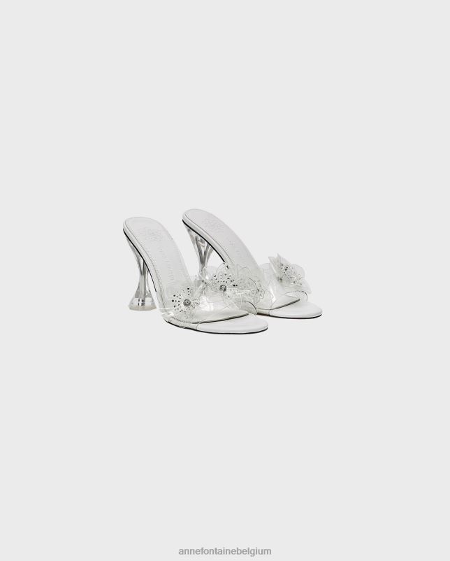 Anne Fontaine vrouwen Ayala heel leren sandaal hakken met doorzichtige band aan de voorkant en strass bloemendetails schoenen wit 06TRT43