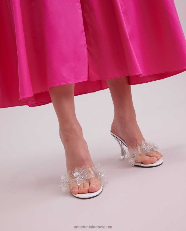 Anne Fontaine vrouwen Ayala heel leren sandaal hakken met doorzichtige band aan de voorkant en strass bloemendetails schoenen wit 06TRT43