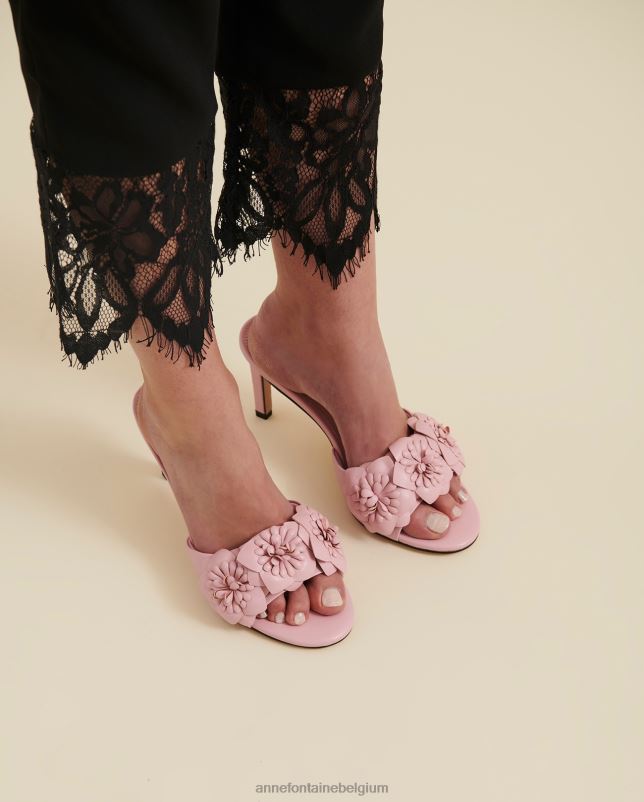 Anne Fontaine vrouwen Leren sandaal hakken met kamillehak en 3D-bloemen schoenen bloemblaadje roze 06TRT35
