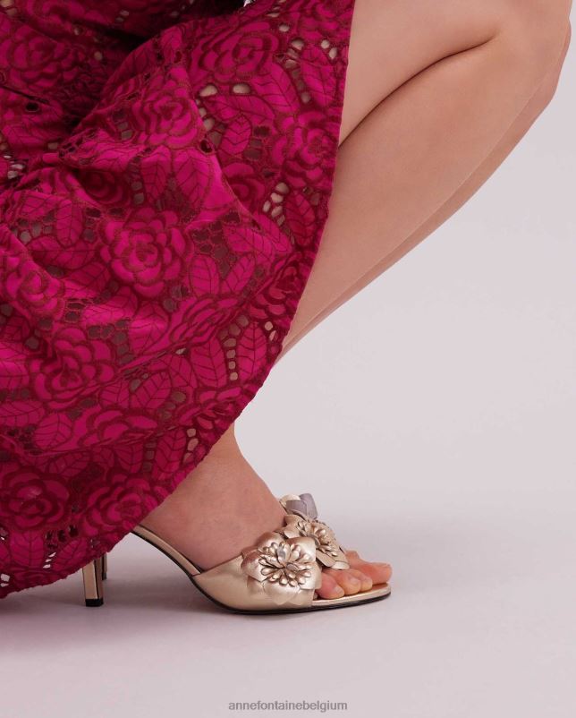 Anne Fontaine vrouwen Leren sandaal hakken met kamillehak en 3D-bloemen schoenen goud 06TRT31
