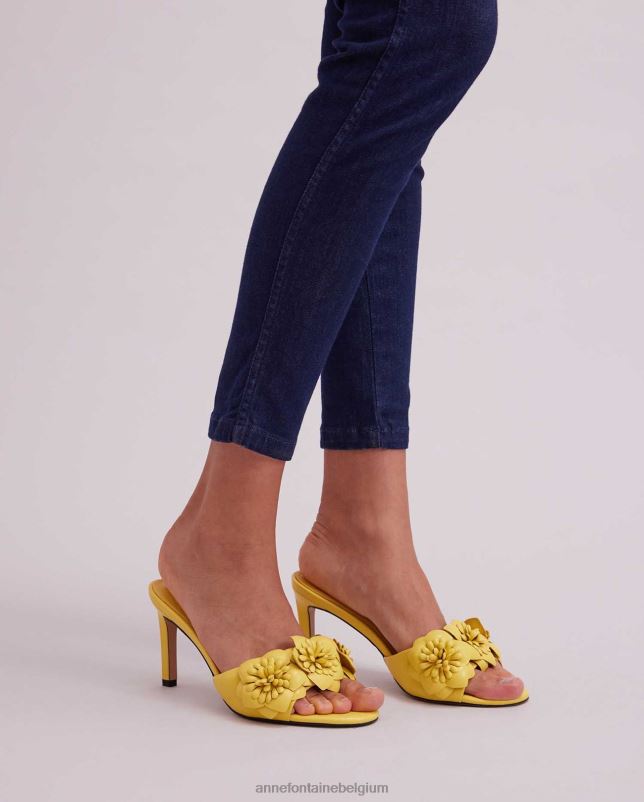 Anne Fontaine vrouwen Leren sandaal hakken met kamillehak en 3D-bloemen schoenen mimosa geel 06TRT34