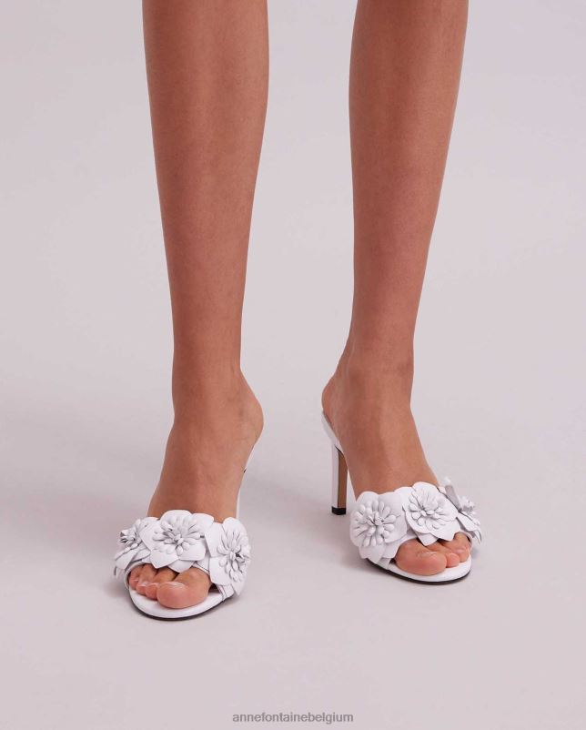 Anne Fontaine vrouwen Leren sandaal hakken met kamillehak en 3D-bloemen schoenen wit 06TRT32