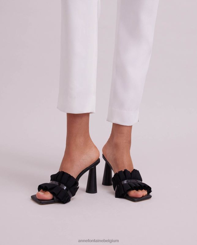Anne Fontaine vrouwen Muxica leren slippers met hak en ruches schoenen zwart 06TRT38