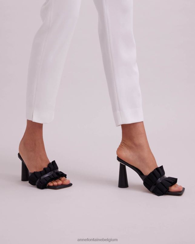 Anne Fontaine vrouwen Muxica leren slippers met hak en ruches schoenen zwart 06TRT38