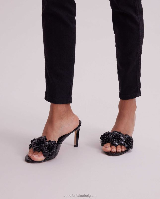 Anne Fontaine vrouwen leren slip-on hak met camilla hak en bloemen schoenen zwart 06TRT29