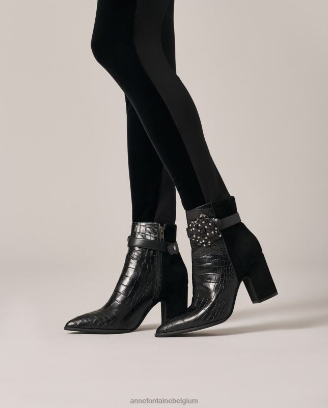 Anne Fontaine vrouwen Jason-crocolaarzen van leer en suède met krokodillenreliëf schoenen zwart 06TRT15