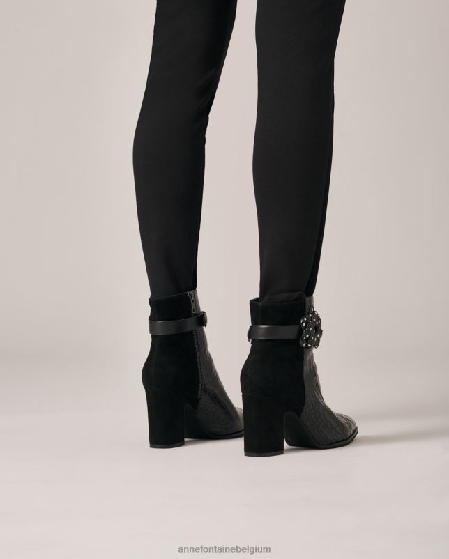 Anne Fontaine vrouwen Jason-crocolaarzen van leer en suède met krokodillenreliëf schoenen zwart 06TRT15