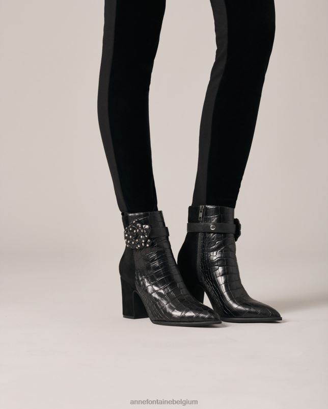 Anne Fontaine vrouwen Jason-crocolaarzen van leer en suède met krokodillenreliëf schoenen zwart 06TRT15