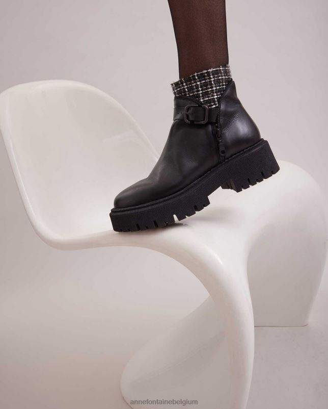Anne Fontaine vrouwen dorval boot leren chelsea laars met tweed detail en gesp schoenen zwart zilver 06TRT7