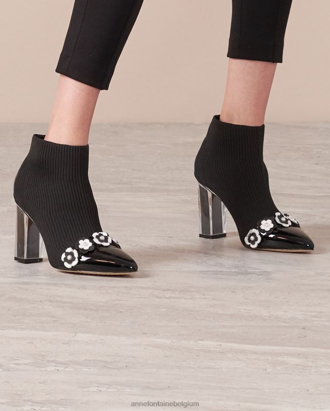 Anne Fontaine vrouwen najat boot stretch-gebreide soklaarzen versierd met bloemen schoenen zwart wit 06TRT16
