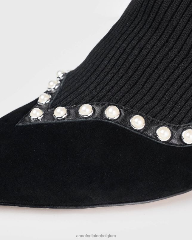 Anne Fontaine vrouwen rime boot suède enkelsoklaars gevoerd met parels schoenen zwart 06TRT9