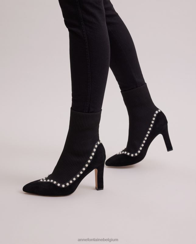 Anne Fontaine vrouwen rime boot suède enkelsoklaars gevoerd met parels schoenen zwart 06TRT9