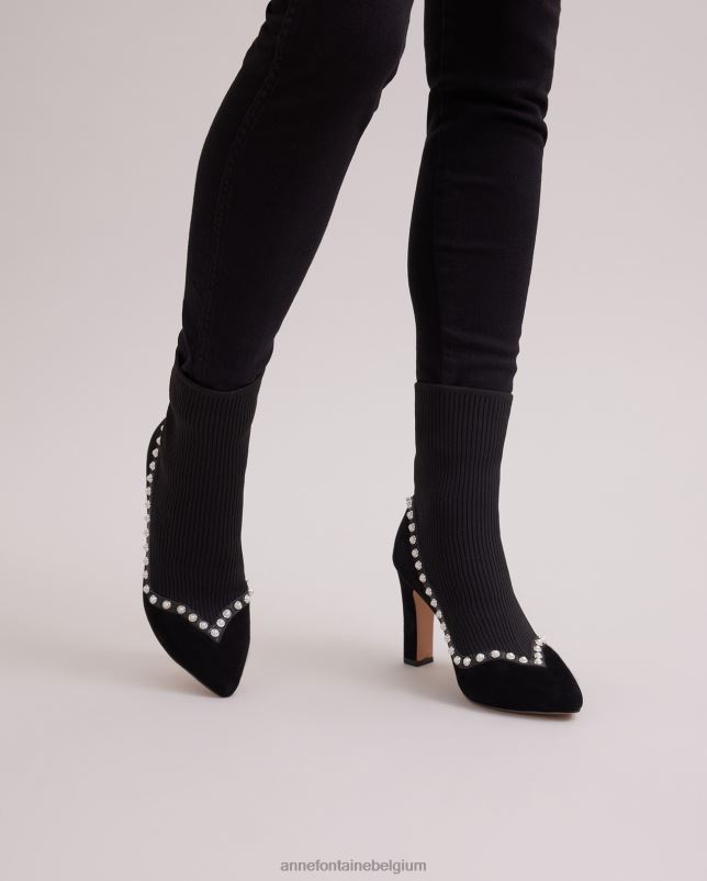 Anne Fontaine vrouwen rime boot suède enkelsoklaars gevoerd met parels schoenen zwart 06TRT9