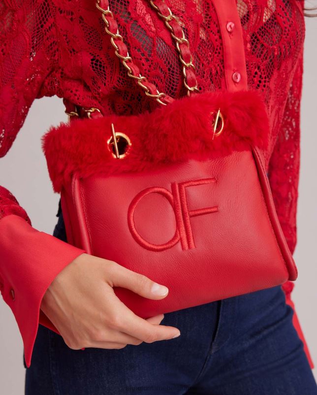 Anne Fontaine vrouwen felix handtas leren schoudertas met bontafwerking en kettingriemen Tassen tango rood 06TRT707