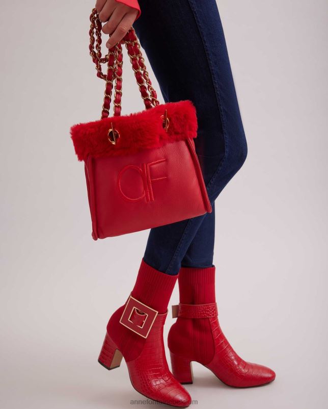Anne Fontaine vrouwen felix handtas leren schoudertas met bontafwerking en kettingriemen Tassen tango rood 06TRT707