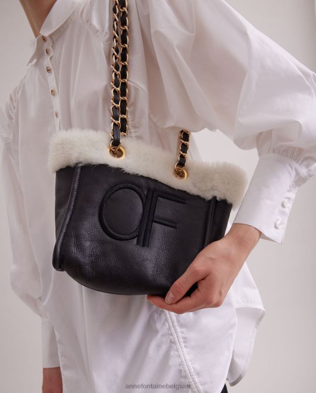 Anne Fontaine vrouwen felix handtas leren schoudertas met bontafwerking en kettingriemen Tassen zwart 06TRT708