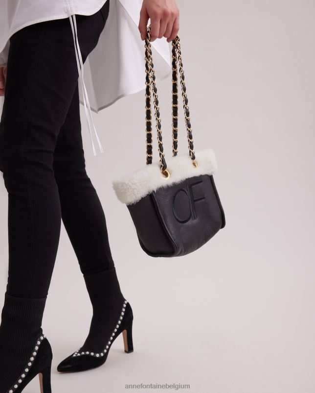 Anne Fontaine vrouwen felix handtas leren schoudertas met bontafwerking en kettingriemen Tassen zwart 06TRT708
